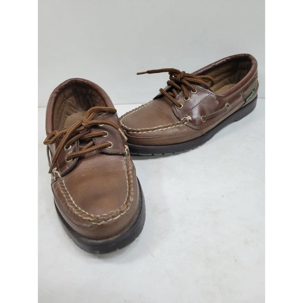 Dockmates Men's Boat Shoes Brown Leather Moc Toe Lace Up Casual Deck Shoe Size 7